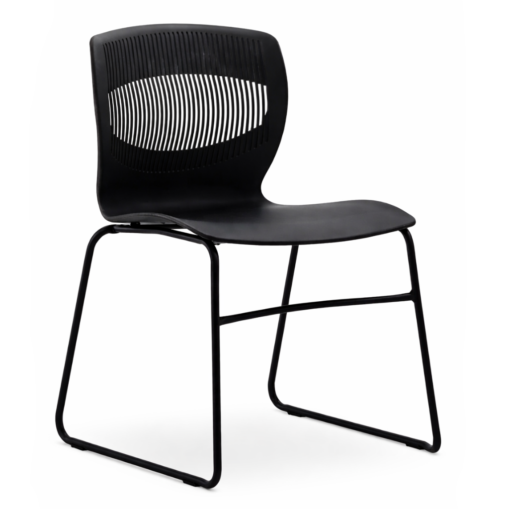 Black chair with mesh back on a white background