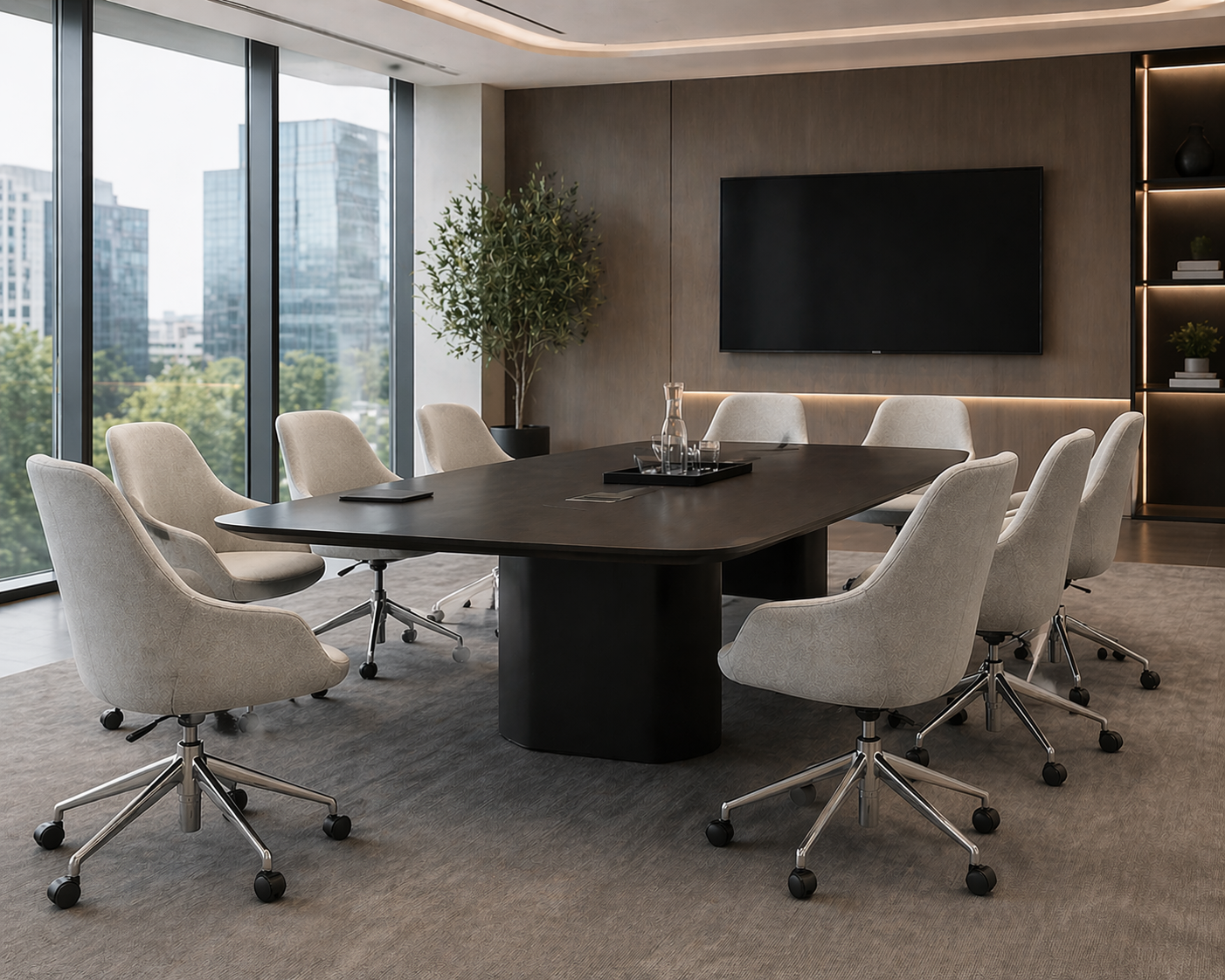 Modern conference room with a large dark wooden table and light grey chairs.