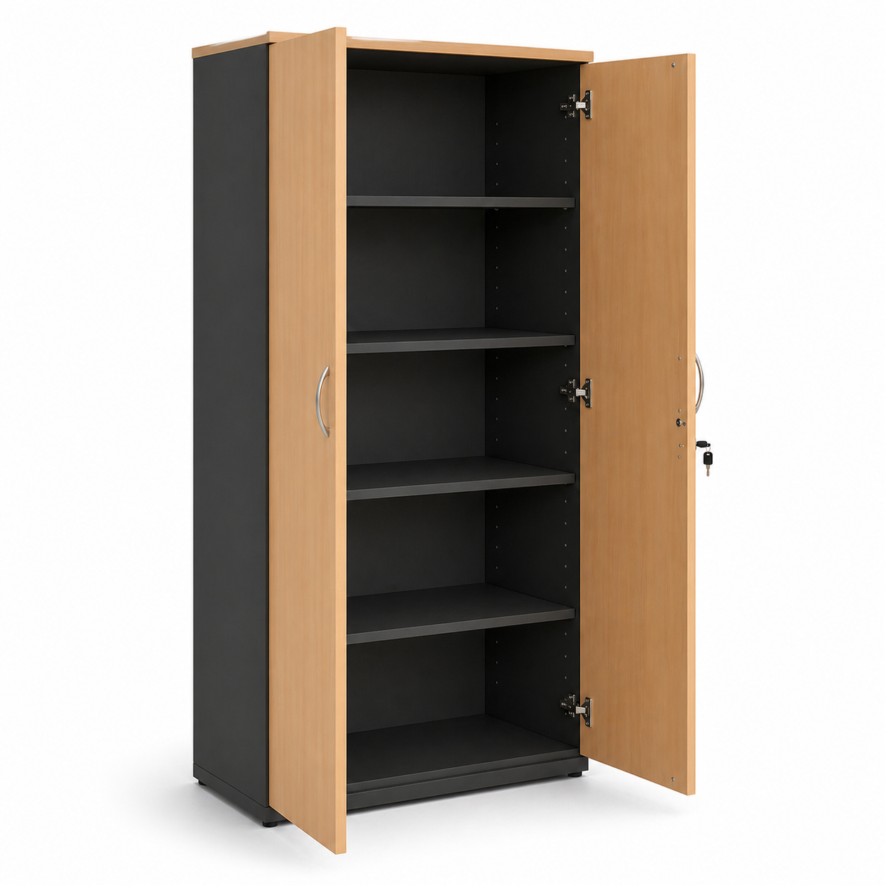 melamine wooden cabinet with ironstone grey base and Open doors in beech on a white background