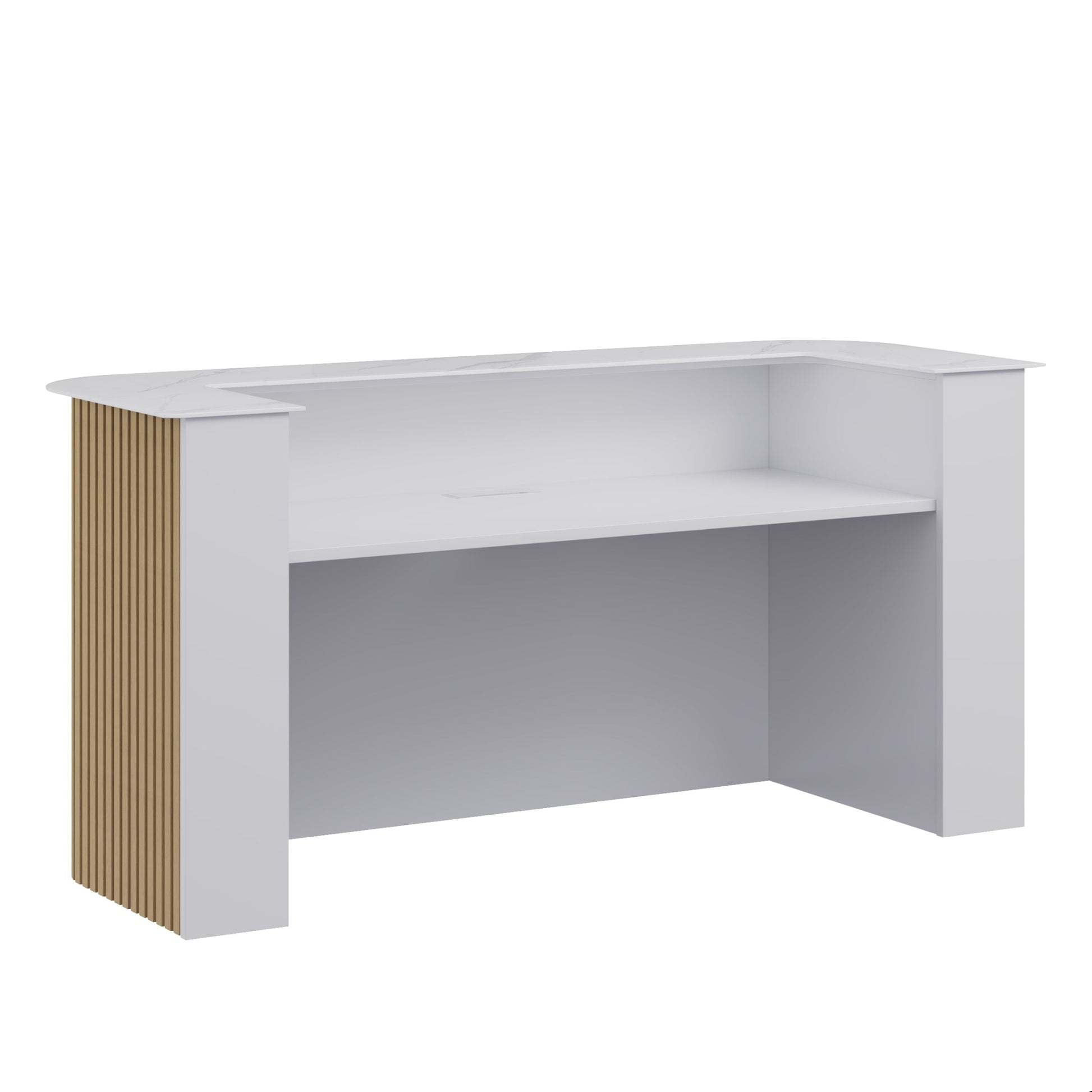 White office desk with a wooden panel on a white background