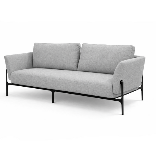 Gray sofa with black metal frame on a white background