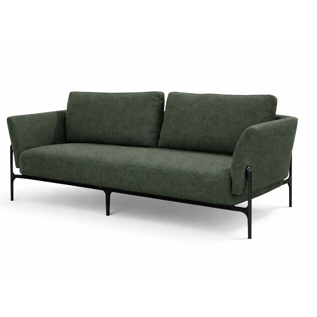 Green sofa with black metal legs on a white background