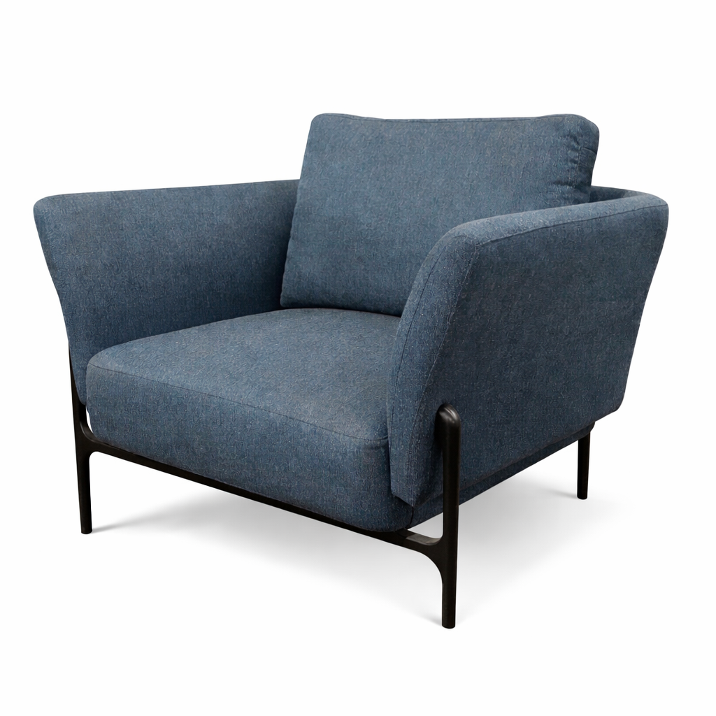 Blue armchair with black metal legs on a white background