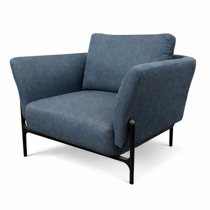 Blue armchair with black metal legs on a white background