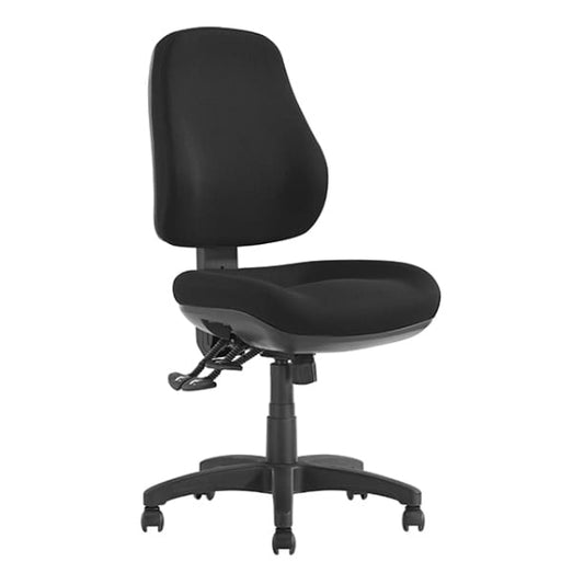Black office chair with big cushion seat a white background