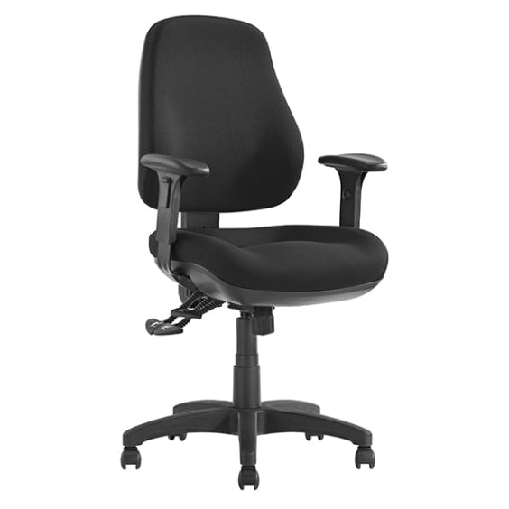 Black office chair with adjustable arms on a white background