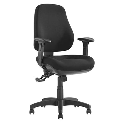 Black office chair with adjustable arms on a white background