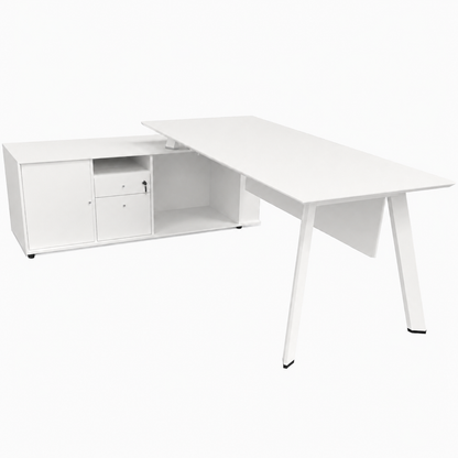White office desk with storage cabinets on a white background
