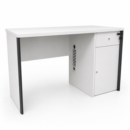 White office desk with solid legs with black trim detailing on a white background