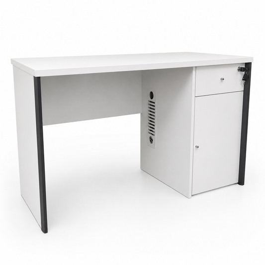 White office desk with solid legs with black trim detailing on a white background