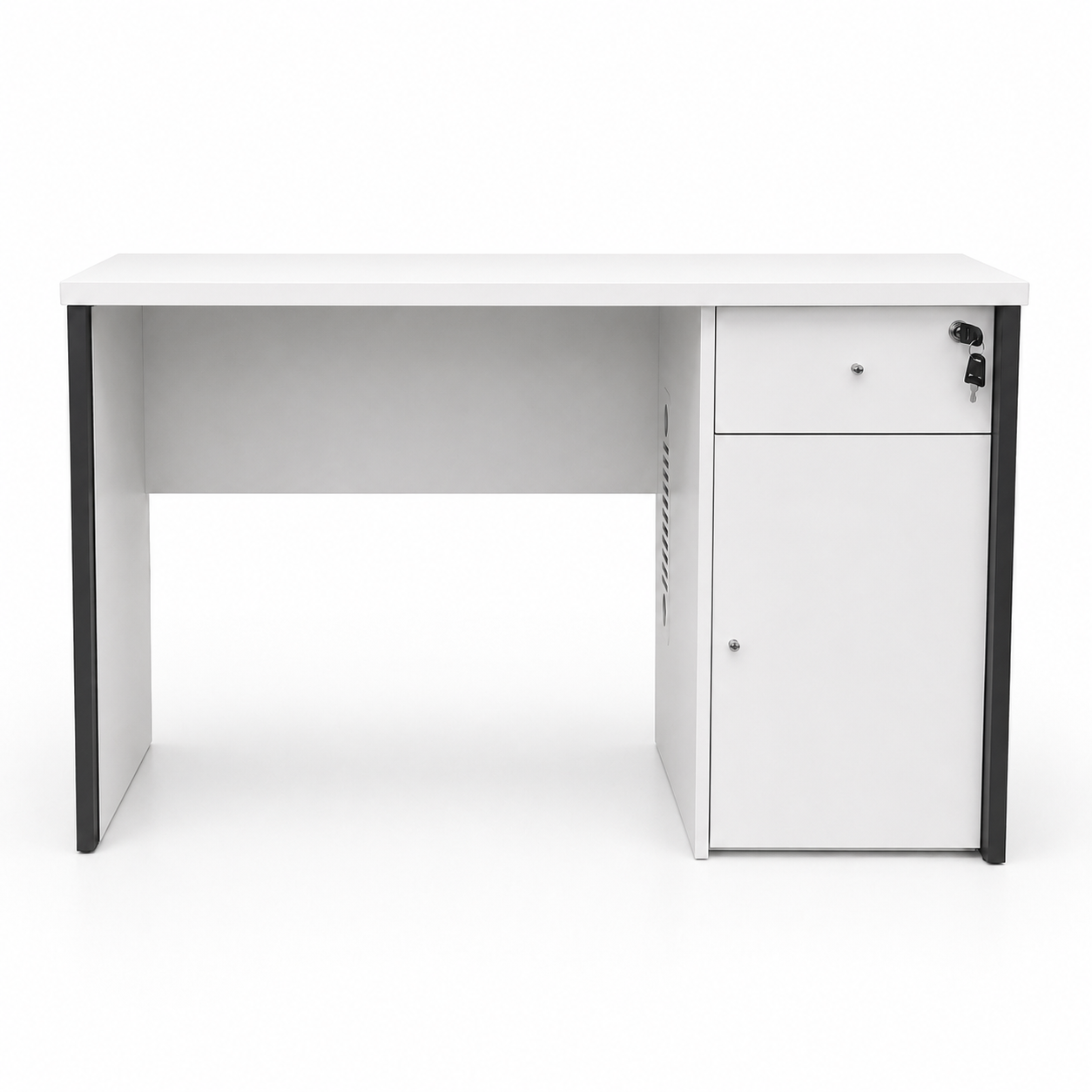 White office desk with solid legs with black trim detailing on a white background