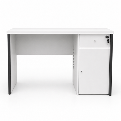 White office desk with solid legs with black trim detailing on a white background
