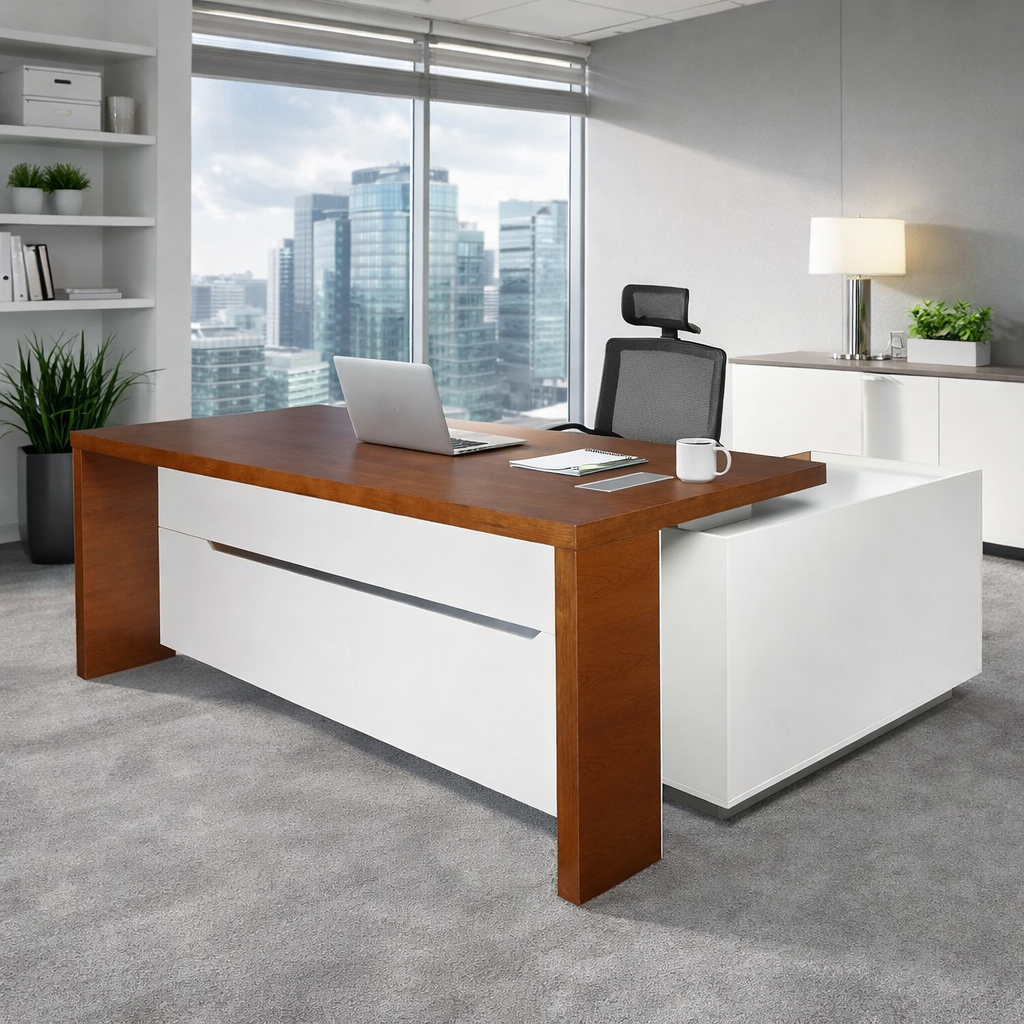 Modern office desk with computer setup in a bright room with city view