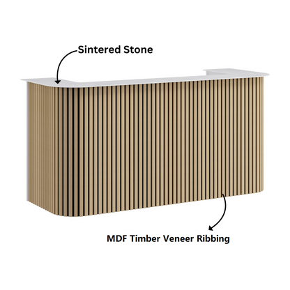 Furniture with sintered stone top and MDF timber veneer ribbing on a white background