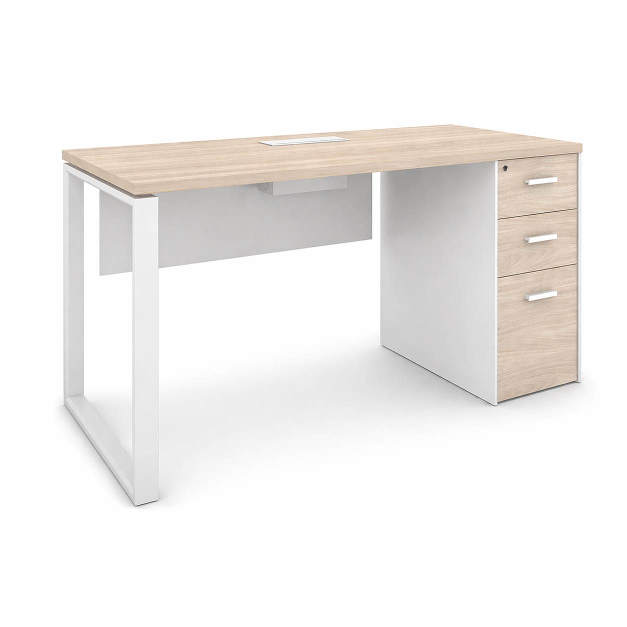 White office desk with a light wood top and drawers on a white background