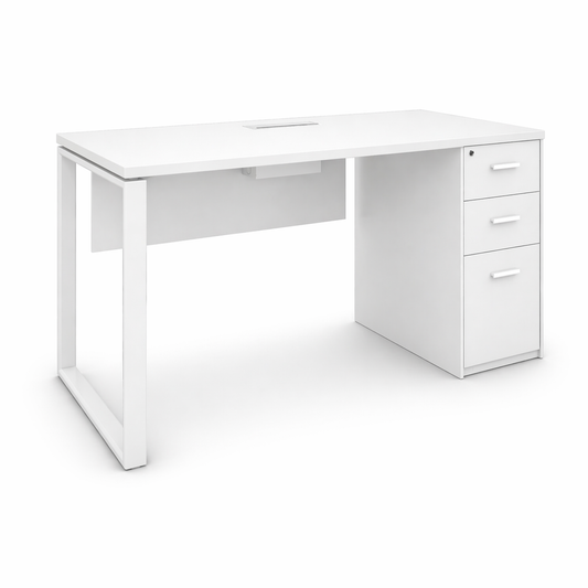 White office desk with a file cabinet on a white background