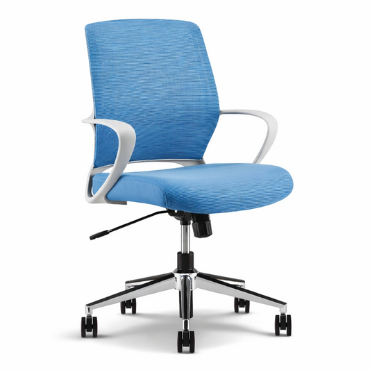Blue office chair with white armrests on a white background