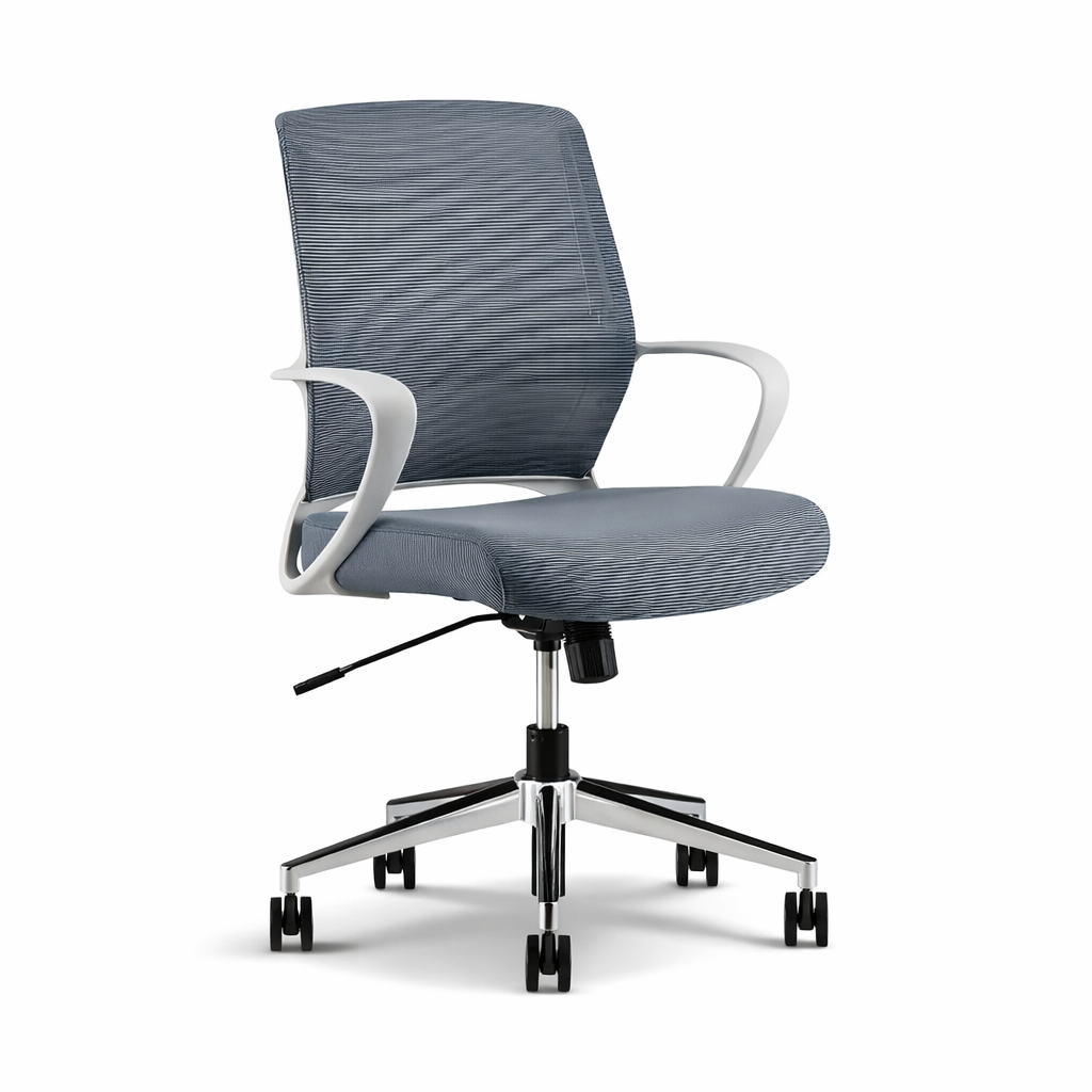 Modern office chair with gray mesh backrest and seat on a white background