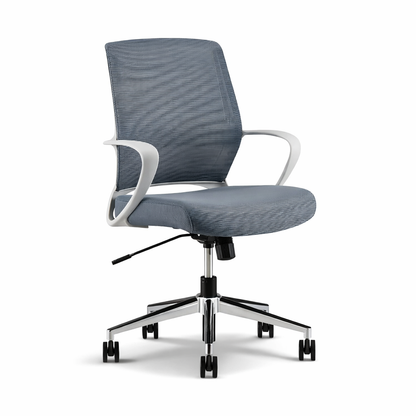 Modern office chair with gray mesh backrest and seat on a white background