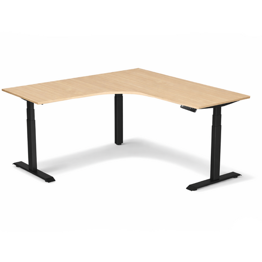 Height Adjustable L-shaped desk with wooden top and black metal legs on a white background