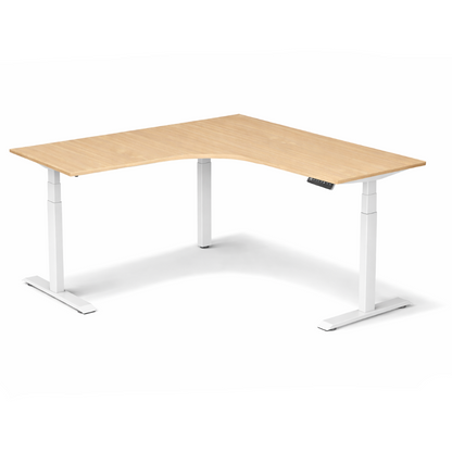 Height Adjustable L-shaped desk with wooden top and white metal legs on a white background