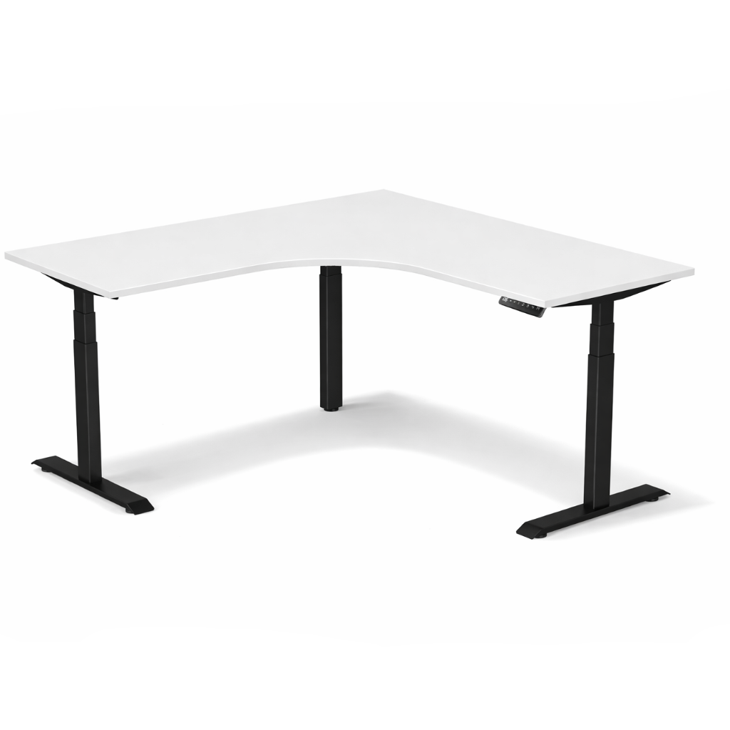 Height Adjustable White L-shaped desk with black legs on a white background