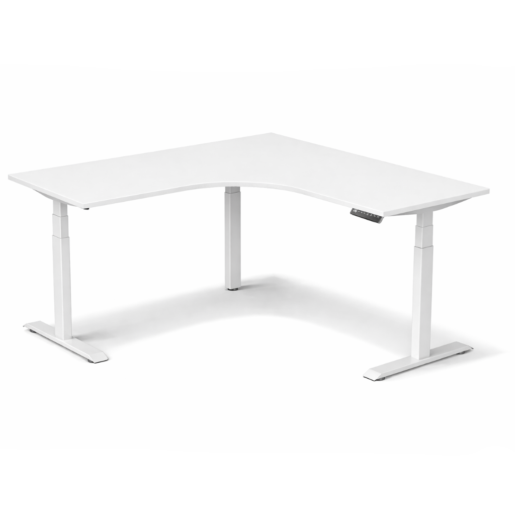 Height Adjustable White L-shaped adjustable desk on a white background
