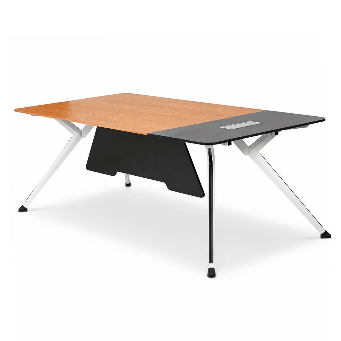Two-tone desk with wooden top and black side on a white background