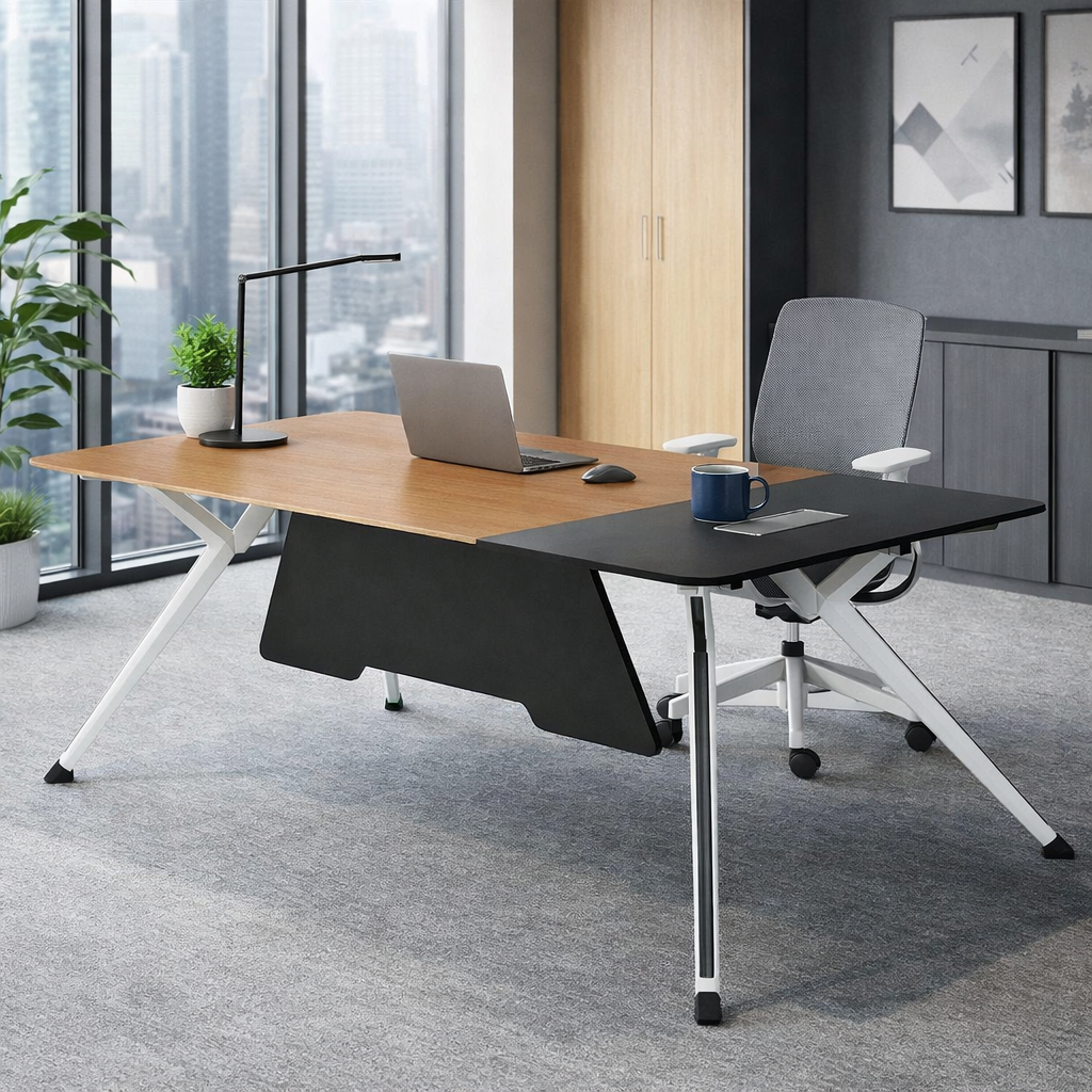 Modern office desk with laptop, mug, and lamp in a room with large windows and gray flooring.