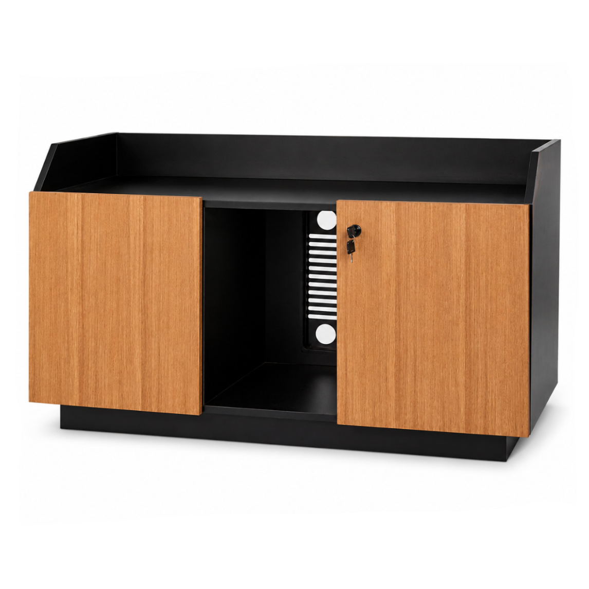 Black and wood-colored cabinet with a white background