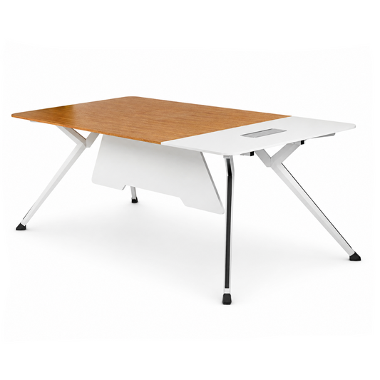 Modern office desk with wooden top and white metal frame on a white background