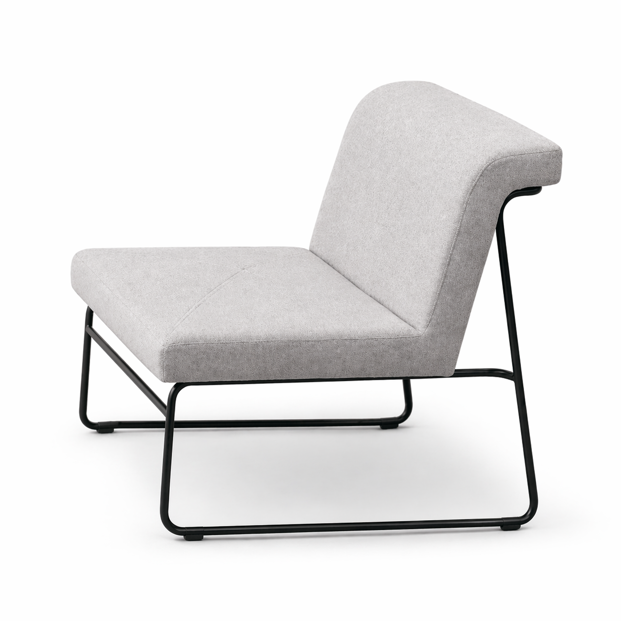 Modern chair with gray cushion and black metal frame on a white background