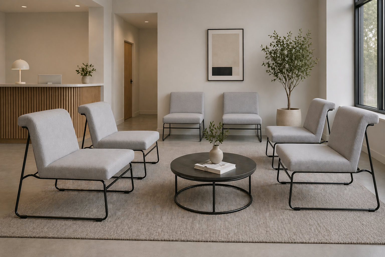 Modern living room with gray chairs and a round coffee table.