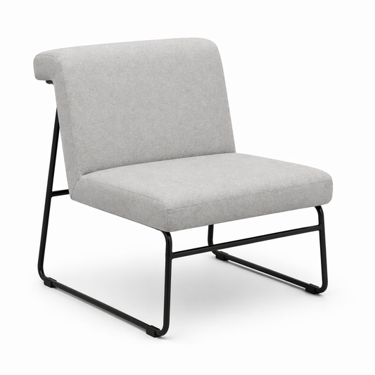 Gray upholstered chair with black metal frame on a white background