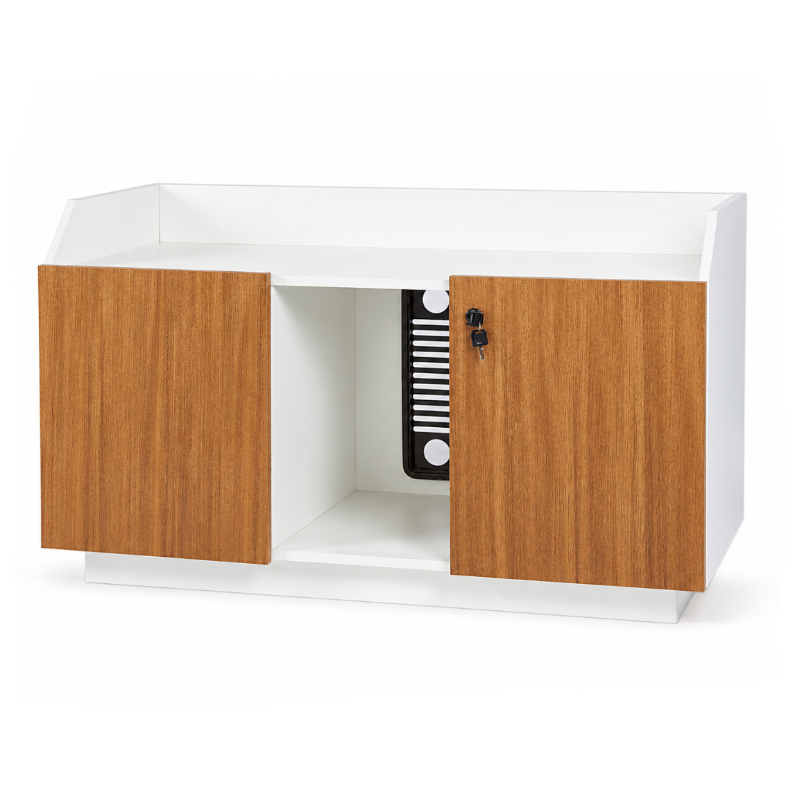 White cabinet with wooden doors on a white background