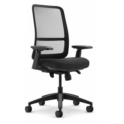 Black office chair with mesh backrest on a white background