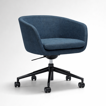 Blue office tub chair with black 5-star base on wheels on a white background