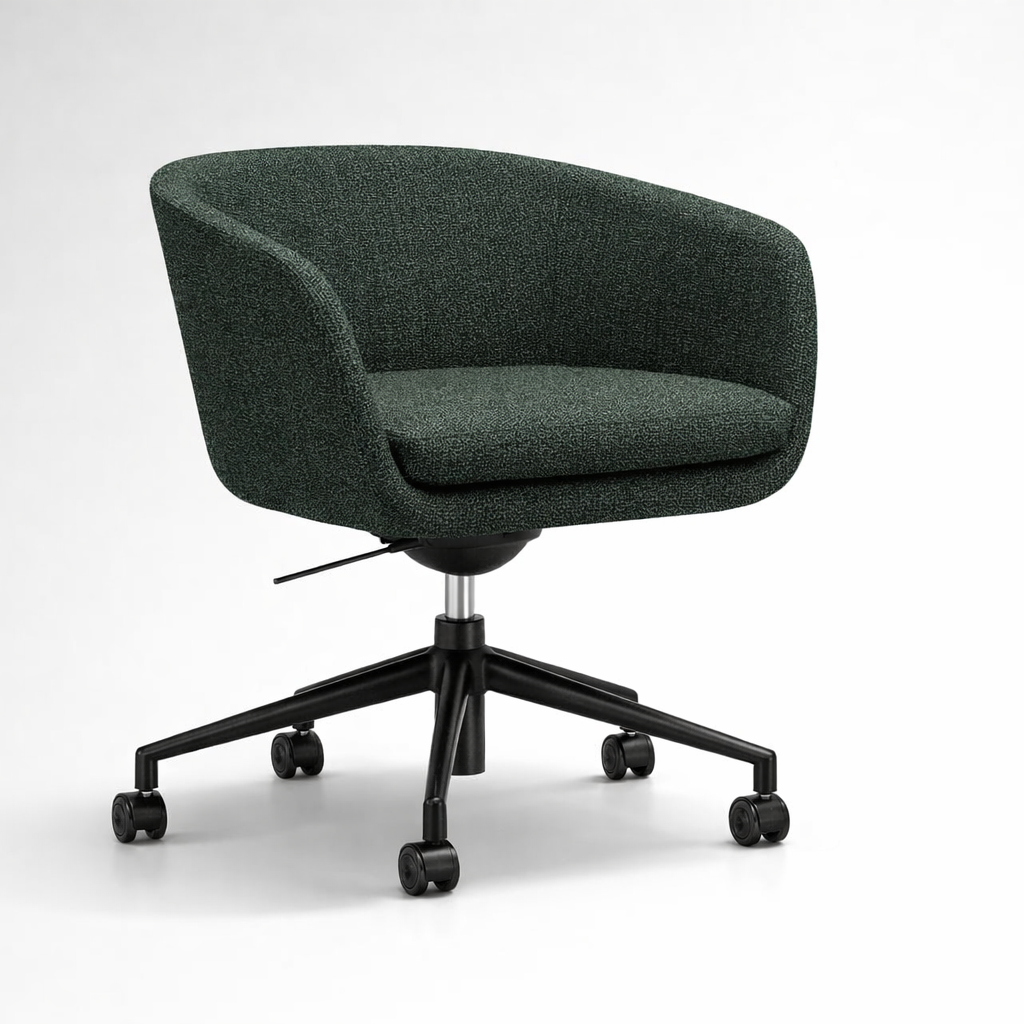 Green office tub chair with black 5-star base on wheels on a white background