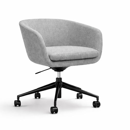 Grey office tub chair with black 5-star base on wheels on a white background