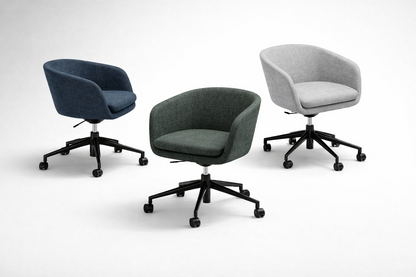 Three office chairs in different colors on a white background