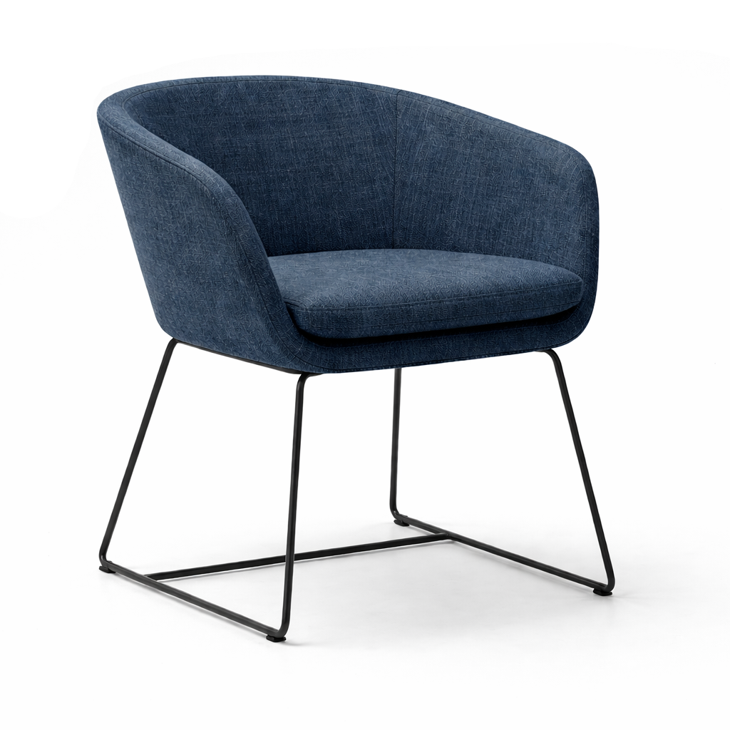 Blue armchair with black metal legs on a white background