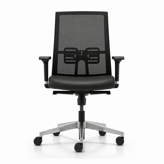 Black office chair with mesh backrest on a white background