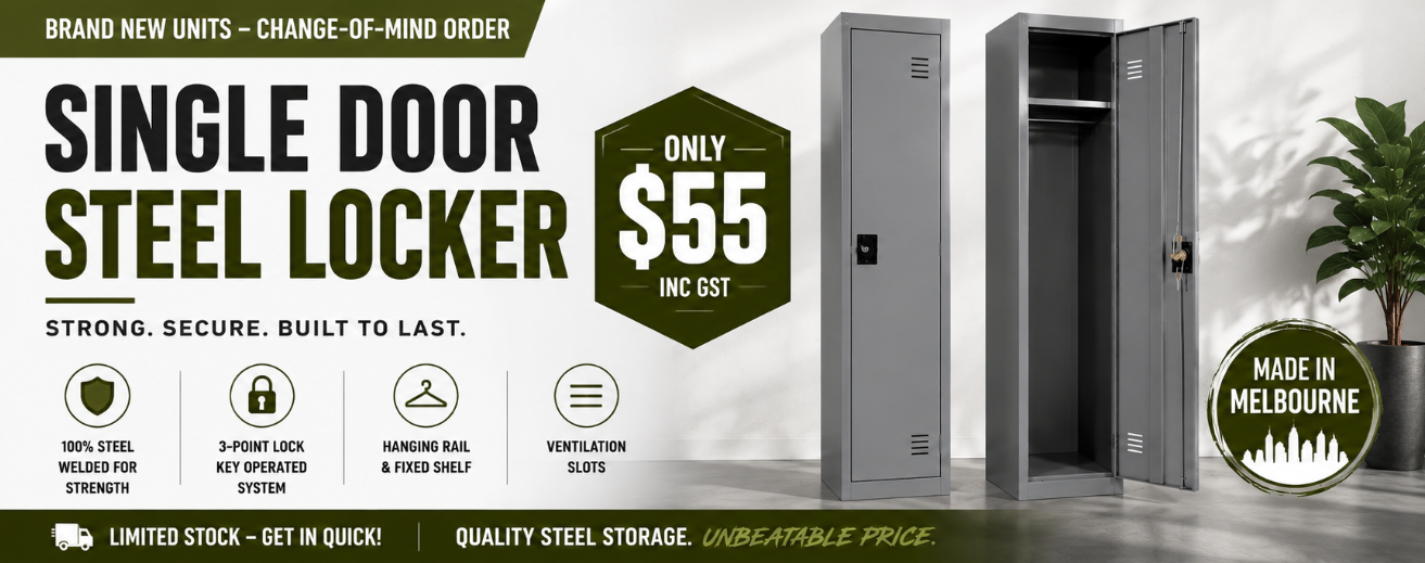 Advertisement for single door steel lockers with pricing and features on a white background.