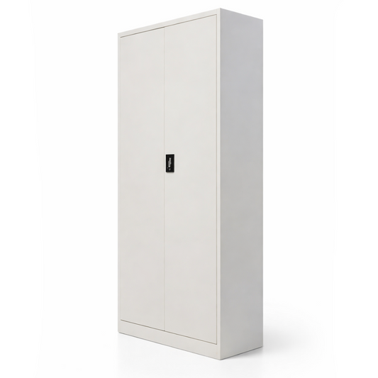 White storage cabinet with a black handle on a white background