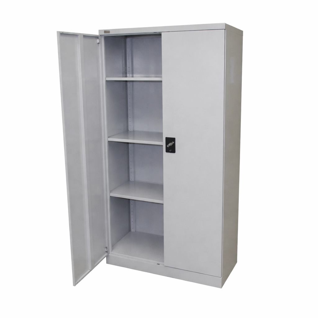 Grey metal storage cabinet with open doors on a white background