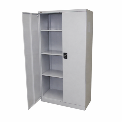 Grey metal storage cabinet with open doors on a white background