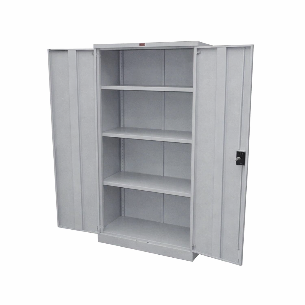 Grey storage cabinet with open doors on a white background