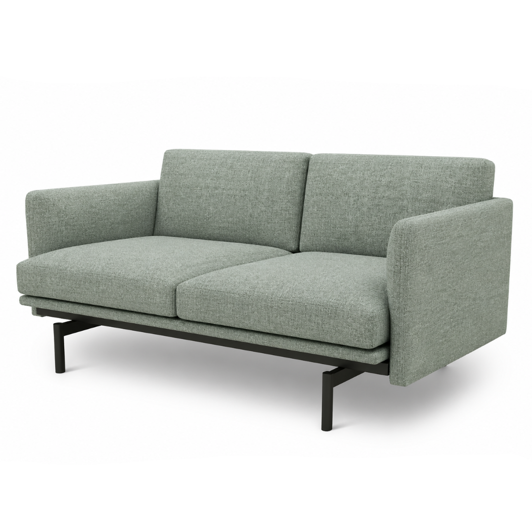light green sofa with black metal frame on a white background