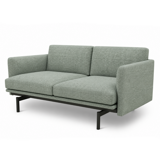 light green sofa with black metal frame on a white background