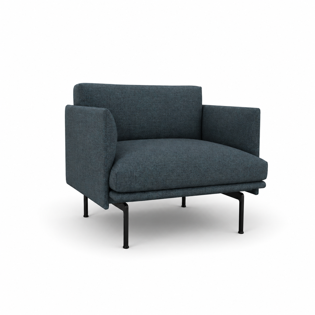 Blue armchair with black metal legs on a white background